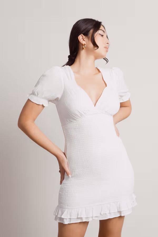 Janus White V-Neck Smocked Bodycon Dress