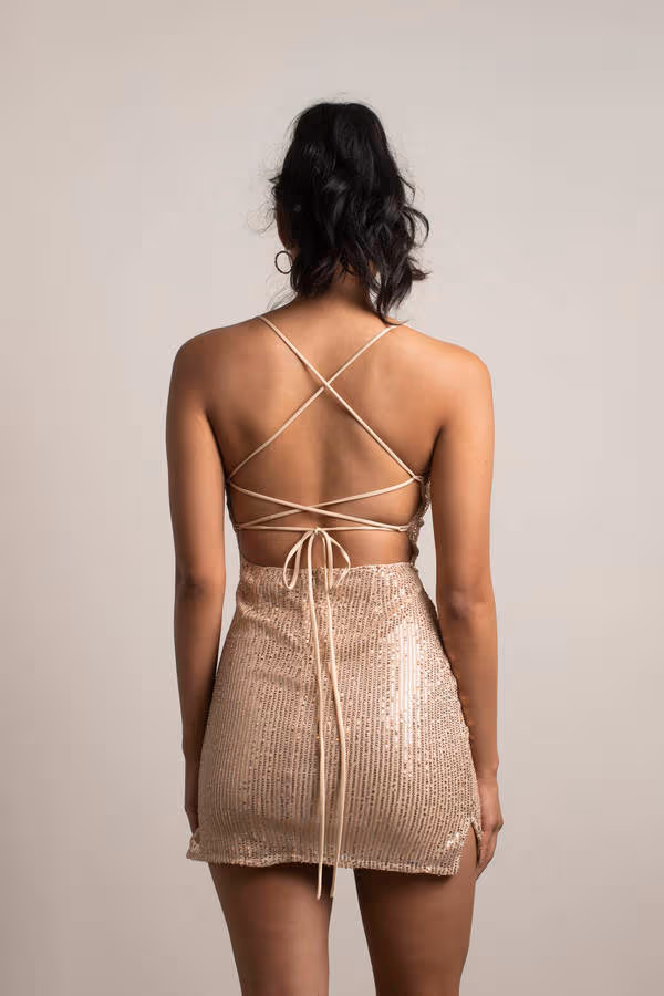 Show Out Sequin Cross Back Mini Dress - Rose Gold