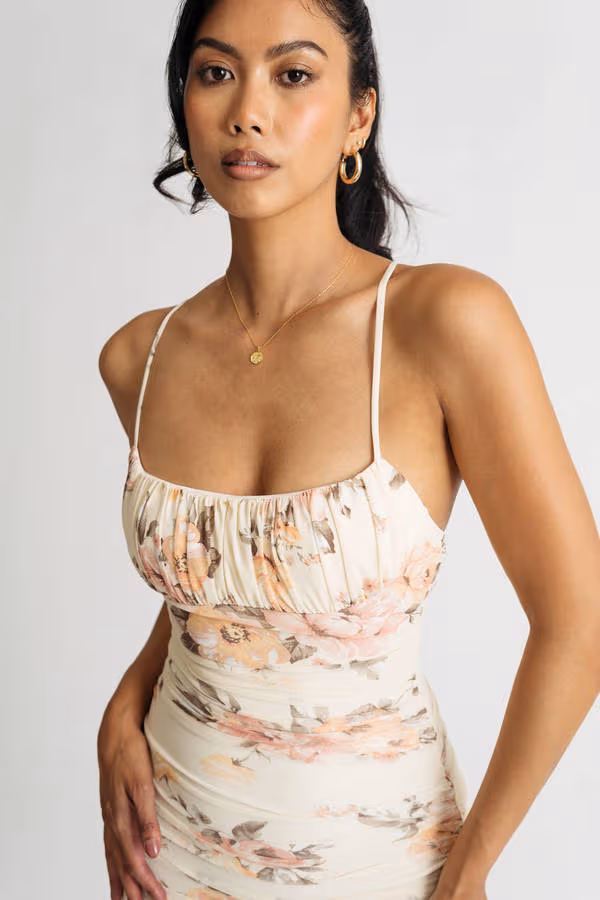 Enjoy It Floral Bodycon Mini Dress - Nude