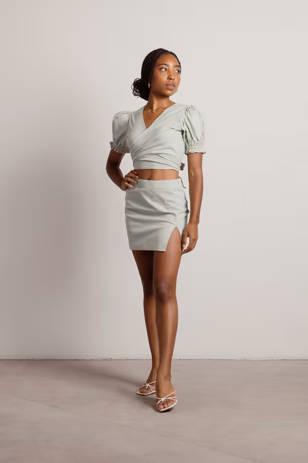 Lucia Linen Crop Top and Mini Skirt Set - Sage