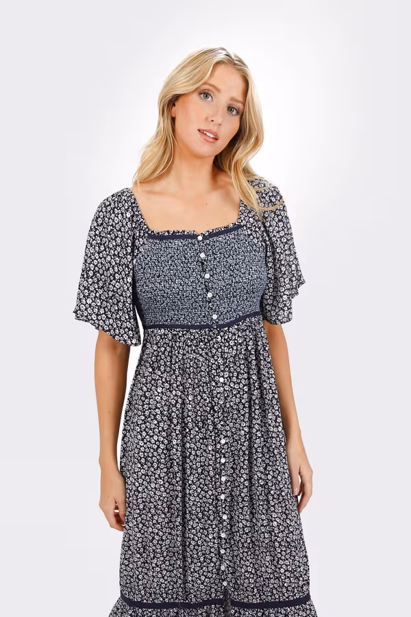 Maeve Smocked Buttoned Midi Dress - Sage