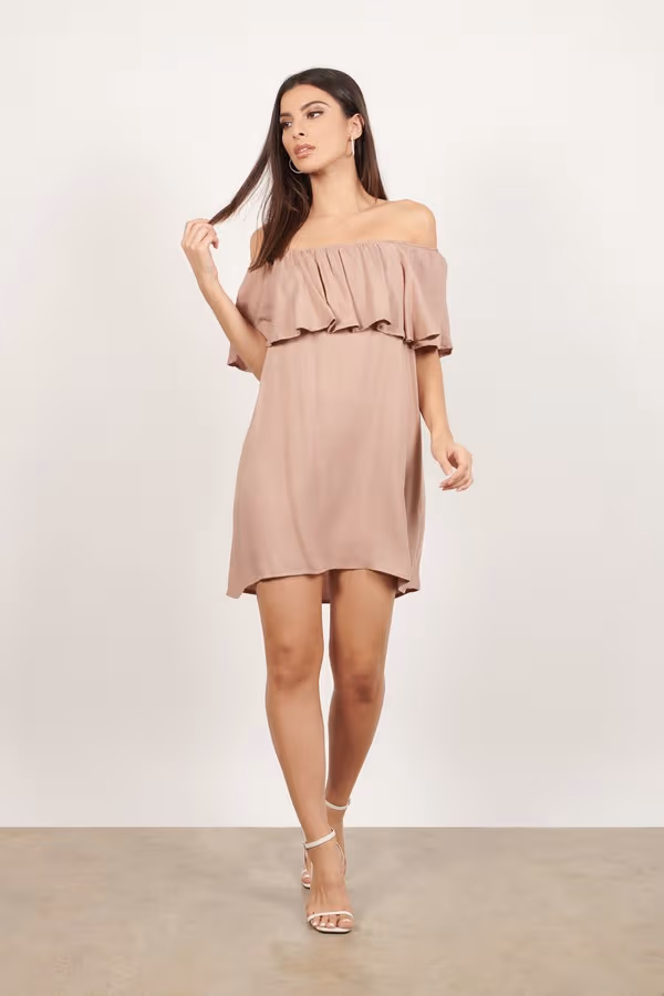 Don't Be Shy Off The Shoulder Shift Mini Dress - Taupe