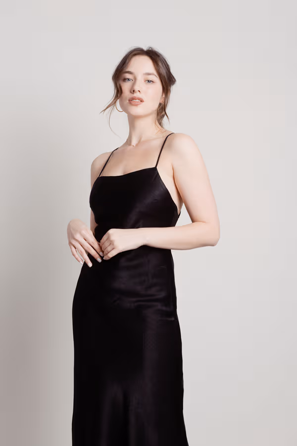Liora Satin Cross Back Midi Dress - Black
