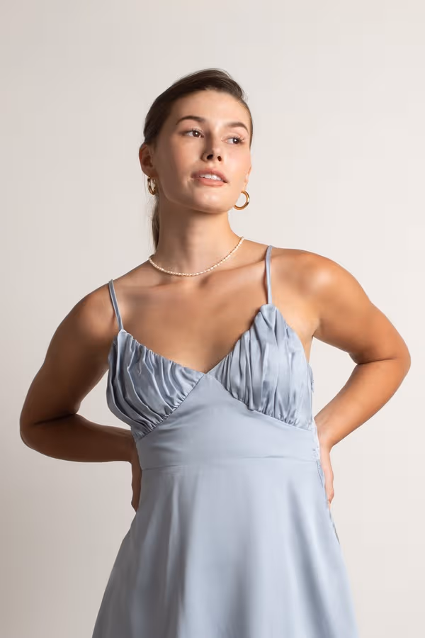 Heavenly Touch Satin Ruched Mini Dress - Icy Blue