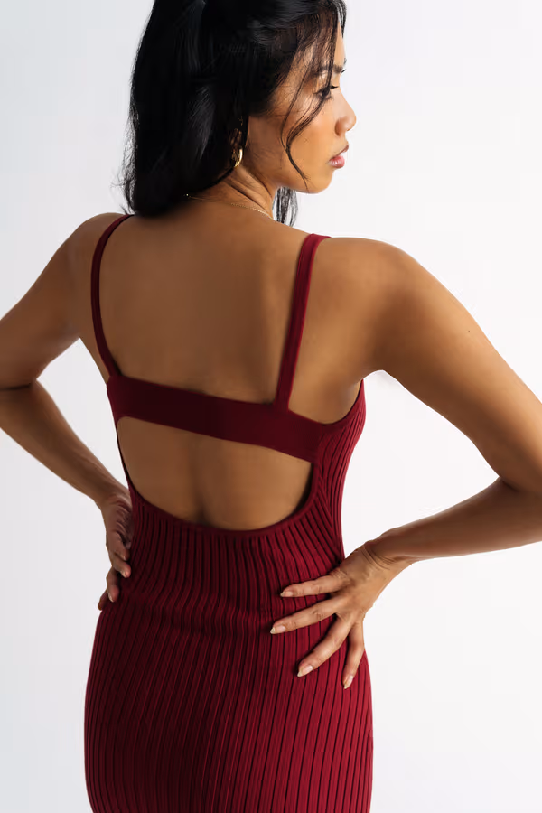 End Up Here Ribbed Open Back Mini Dress - Ruby Red