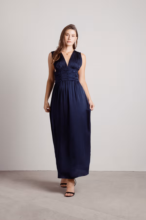 Goddess Satin Smocked Maxi Dress - Navy