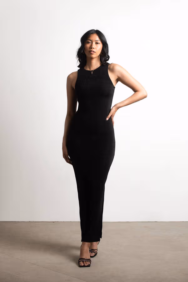 Rizalynn Black Slit Lace Up Maxi Dress