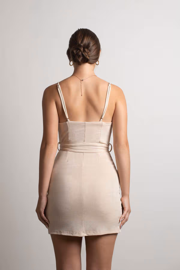 Kimmy Cowl Neck Wrap Mini Dress - Beige