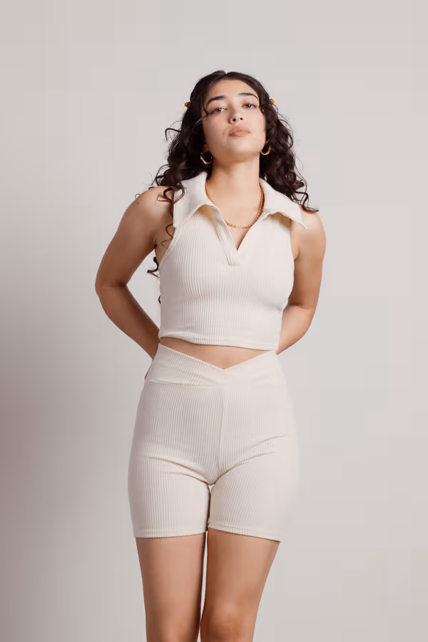 As One Does Ribbed Crop Top and Short Set - Cream