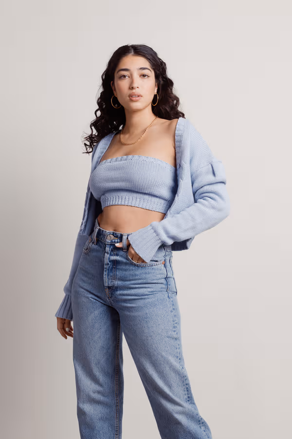 Hina Sweater Crop Top and Cardigan Set - Blue