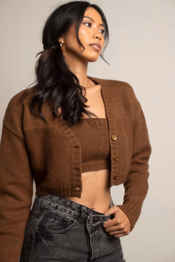 Sofie Knit Crop Top and Cardigan Set - Ivory