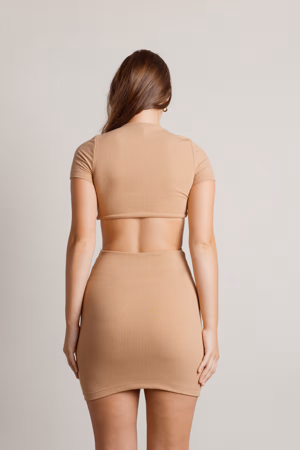 Promise You Ribbed Cutout Mini Dress - Tan
