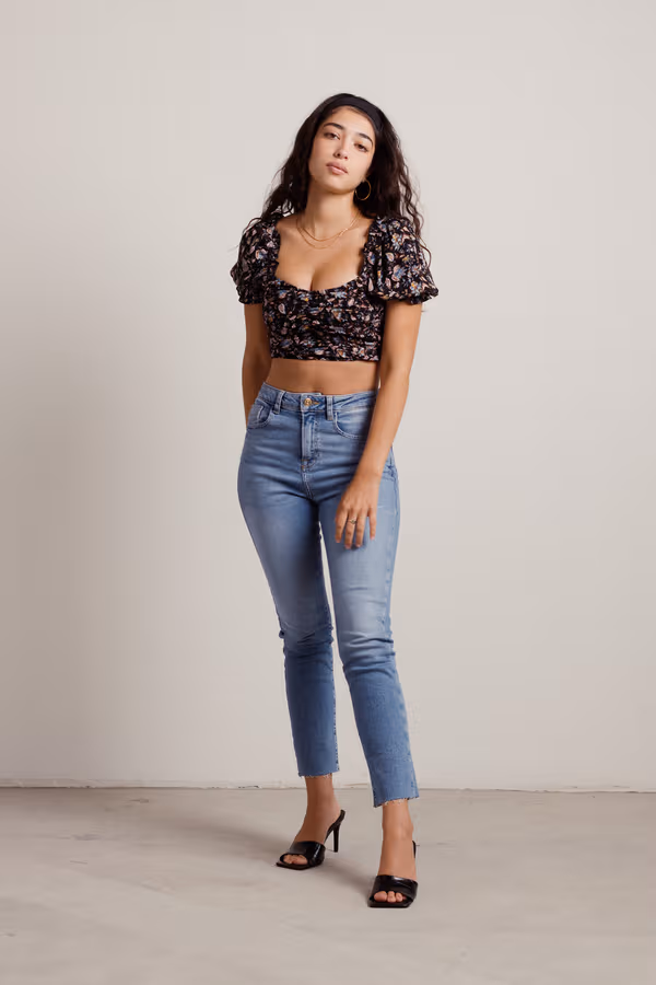 Falling Petals Crop Top - Black Multi