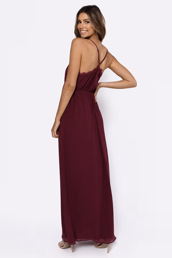 Abegayle Lace Trim Cross Back Maxi Dress - Wine