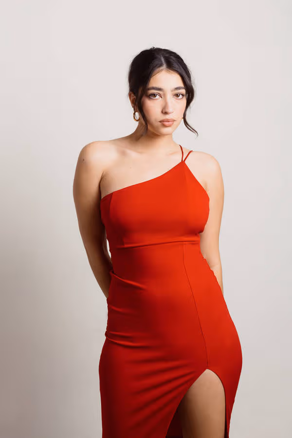 Yours Only One Shoulder High Slit Midi Dress - Red