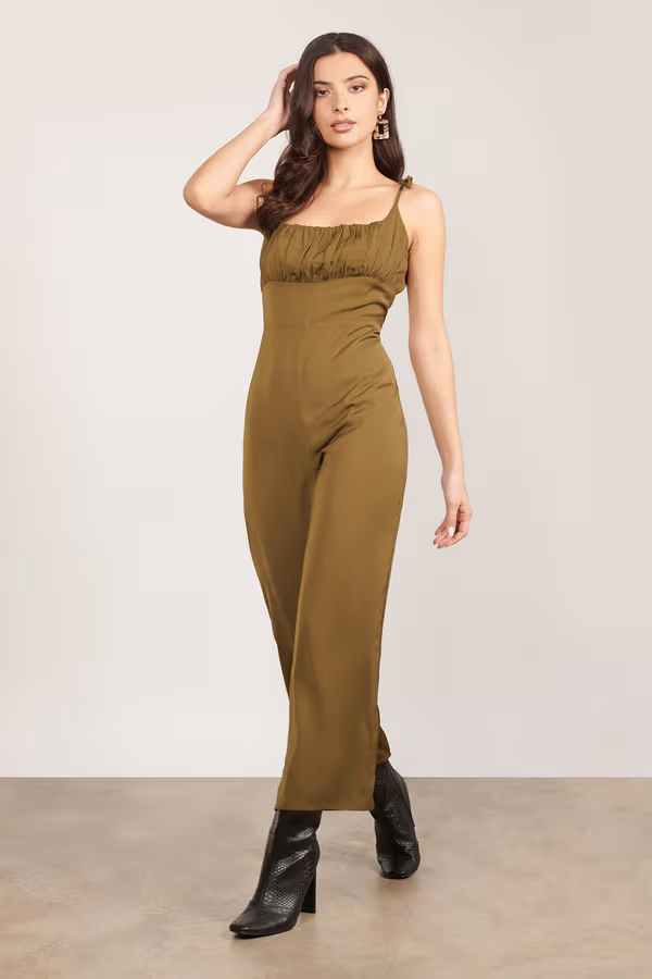 Waste No Time Ruched Bust Jumpsuit - Olive