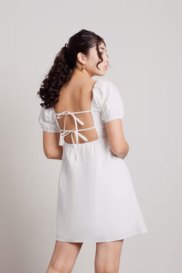 Love You Less White Back Tie Puff Sleeve Babydoll Dress