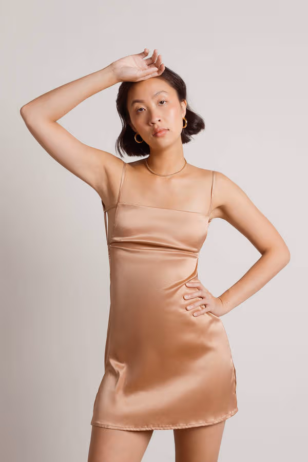 Nothing But Trouble Satin Open Back Mini Dress - Tan