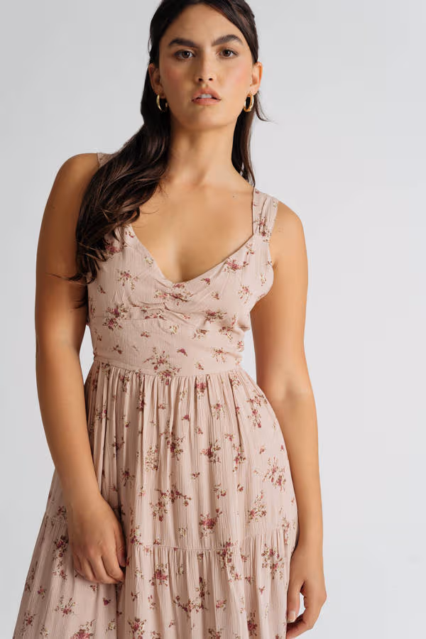 Hummingbird Pink Floral Tiered Tie-Back Midi Dress