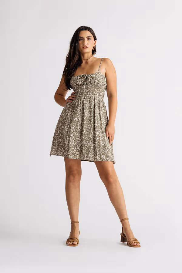 Natasha Floral Babydoll Mini Dress - Olive