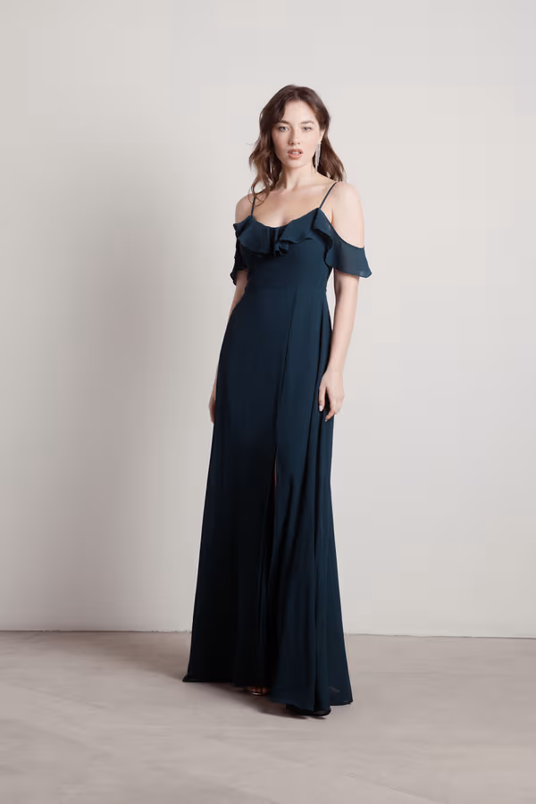 Just Yearning Off The Shoulder Slit Maxi Dress - Emerald