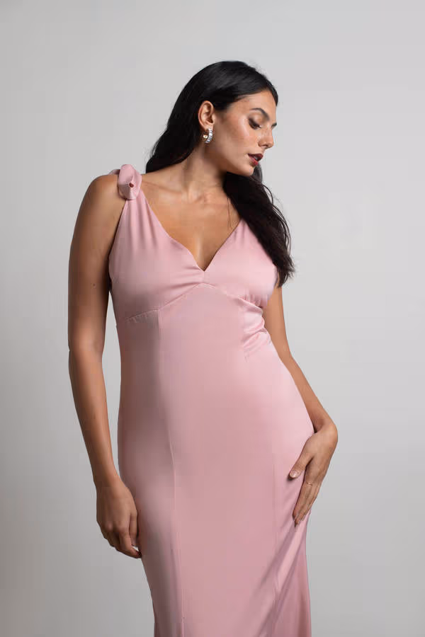 Priscella Satin Tie Strap Maxi Dress - Dusty Rose
