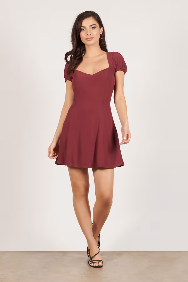 Jaycie Puff Sleeve Skater Mini Dress - Wine