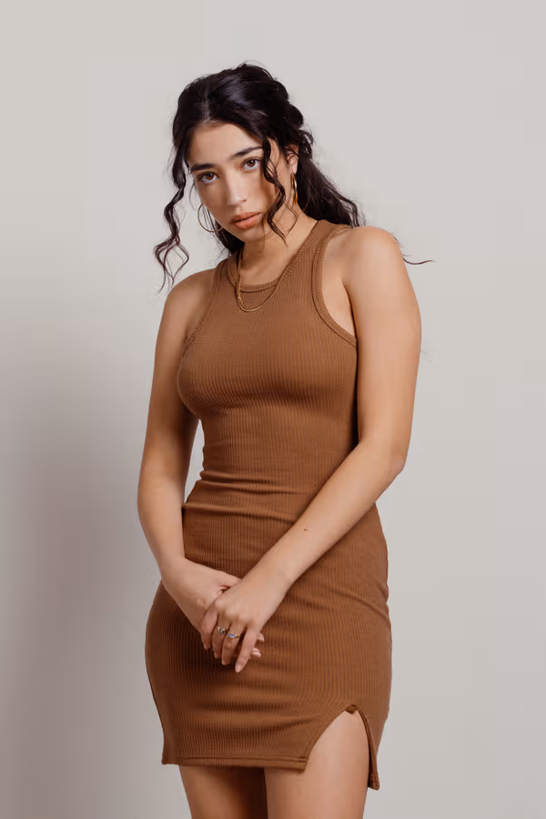 Keep It Basic Ribbed Knit Bodycon Mini Dress - Beige