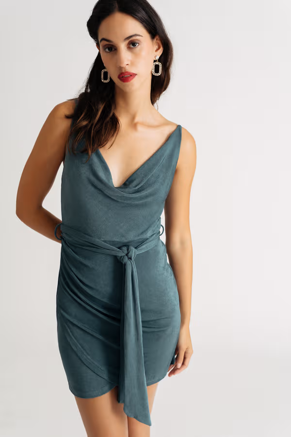 Kimmy Cowl Neck Wrap Mini Dress - Teal