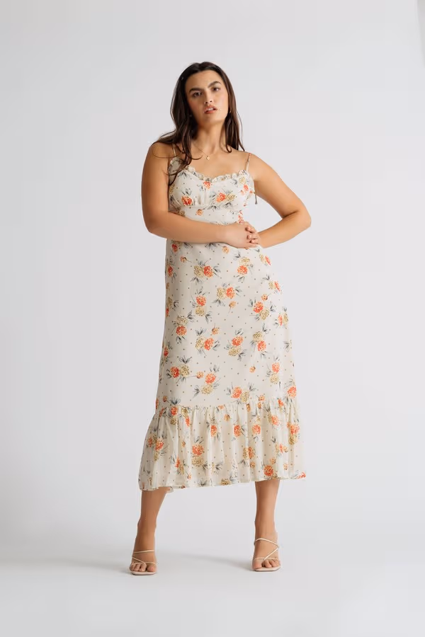 In Bloom Floral Ruffle Midi Dress - Ivory Multi