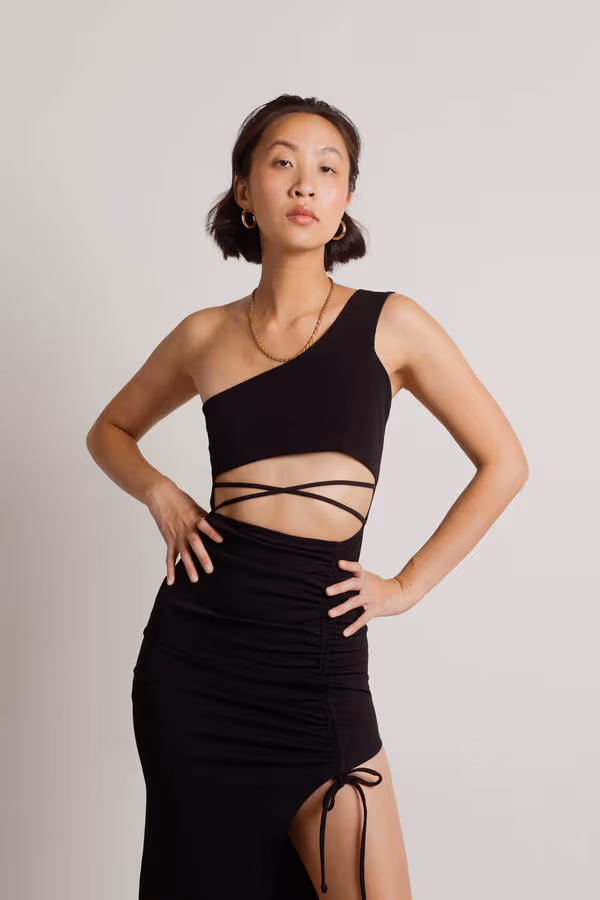 Gotta Find Me One Shoulder High Slit Midi Dress - Black