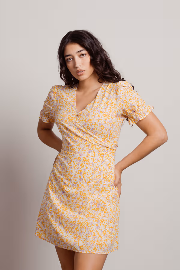 Picket Fence Floral Wrap Mini Dress - Orange