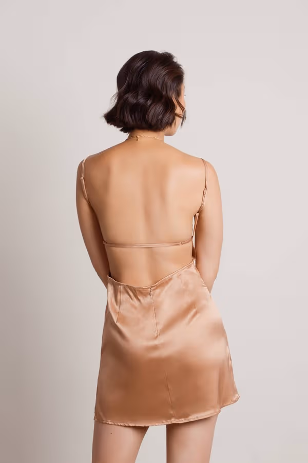 Nothing But Trouble Satin Open Back Mini Dress - Tan