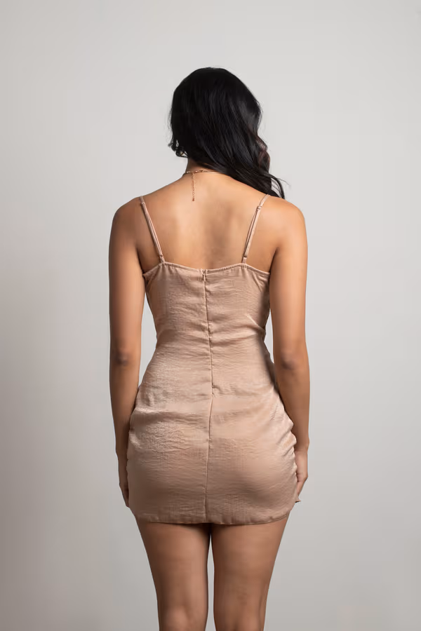 Sansa Satin Cowl Neck Mini Dress - Beige