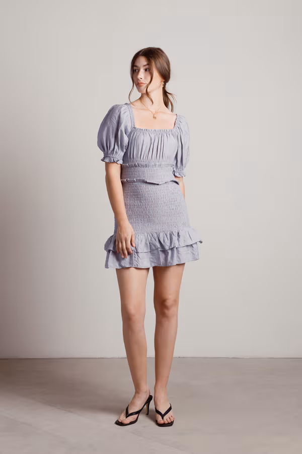 Almost Love Smocked Tiered Mini Dress - Silver