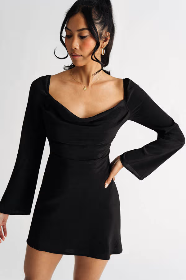 Always Want More Black Cowl Neck Back Tie Mini Dress
