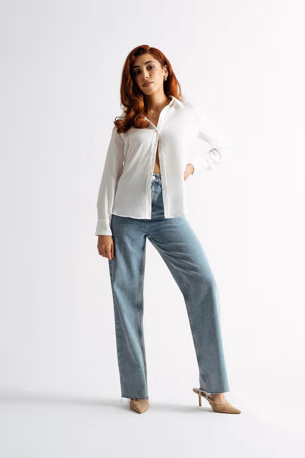 On The Go Off White Satin Button Down Top