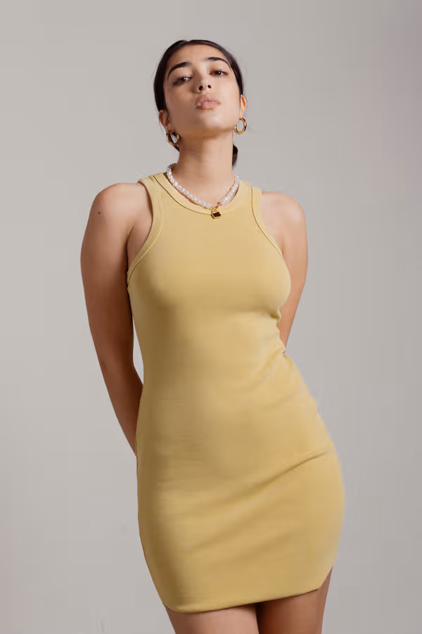 Henri Ribbed Bodycon Mini Dress - Citron Yellow