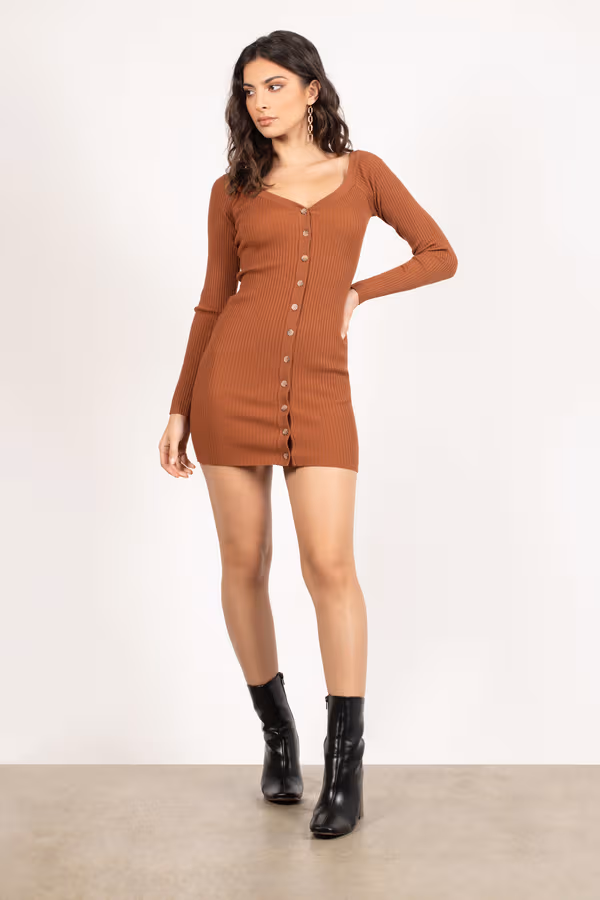 Ventura Button Up Sweater Mini Dress - Camel