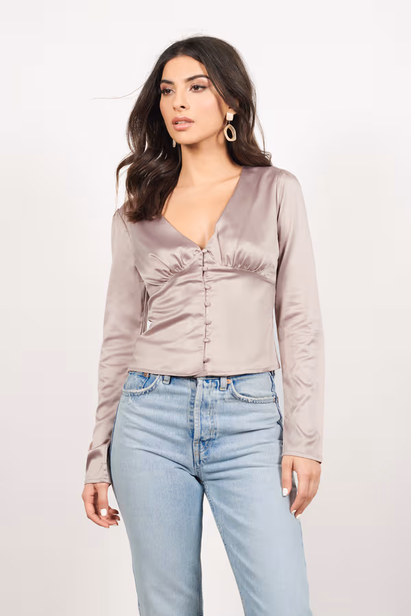 Believe Me Satin Blouse - Taupe