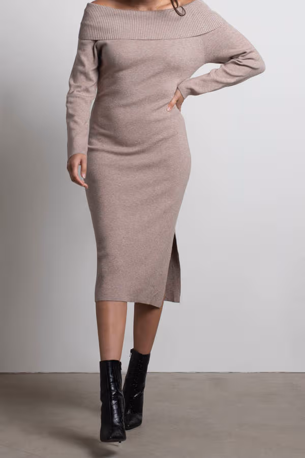 Come Around Off The Shoulder Sweater Midi Dress - Mocha