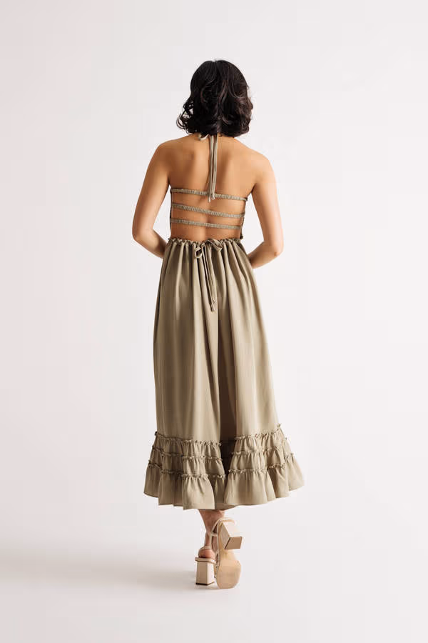 On To Something Smocked Open Back Midi Dress - Olive