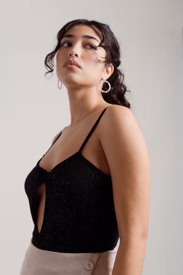 Let Me Shine Front Tie Bodysuit - Black