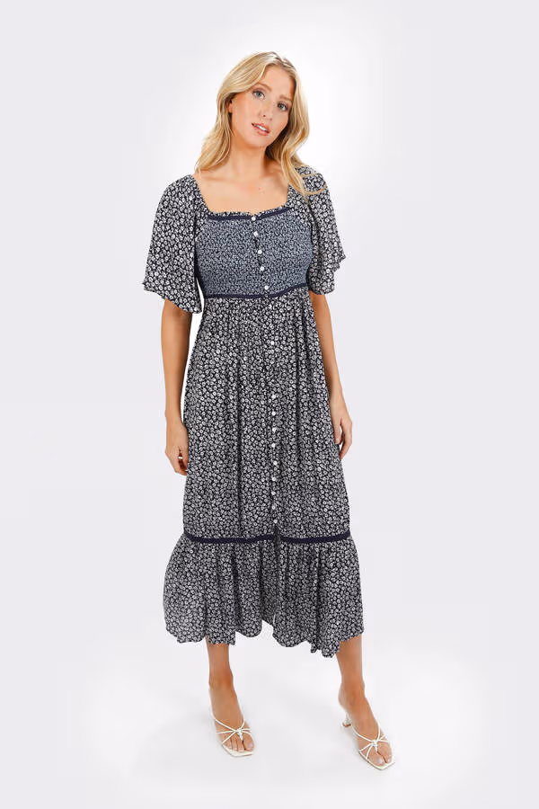 Maeve Smocked Buttoned Midi Dress - Sage