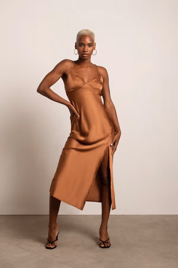 Forever Yours Satin Slit Midi Dress - Brown