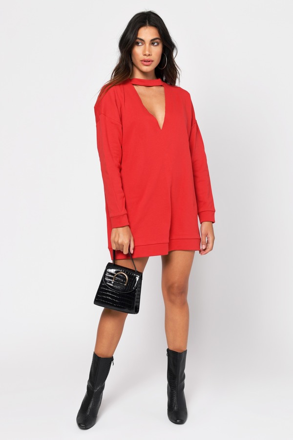 Not Your Average Oversized Plunging Mini Dress - Red