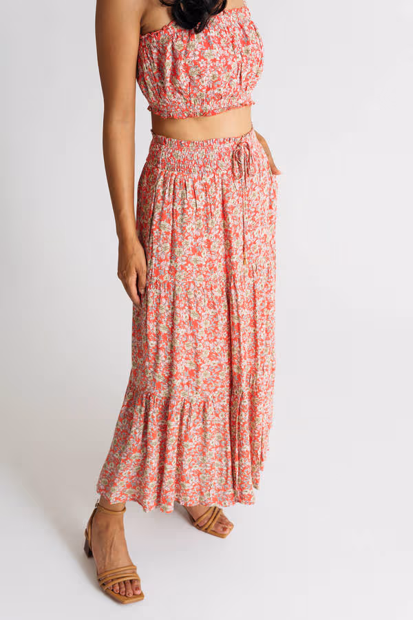 Lynx Floral Crop Top and Midi Skirt Set - Pink