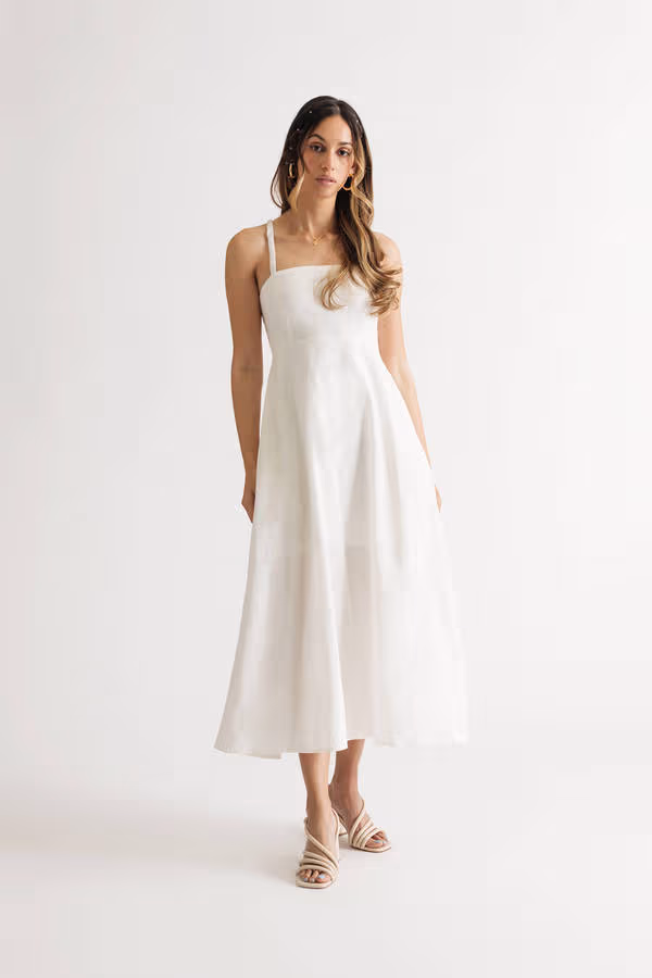 Maiya Ivory Lace Up Back Midi Dress with Pockets