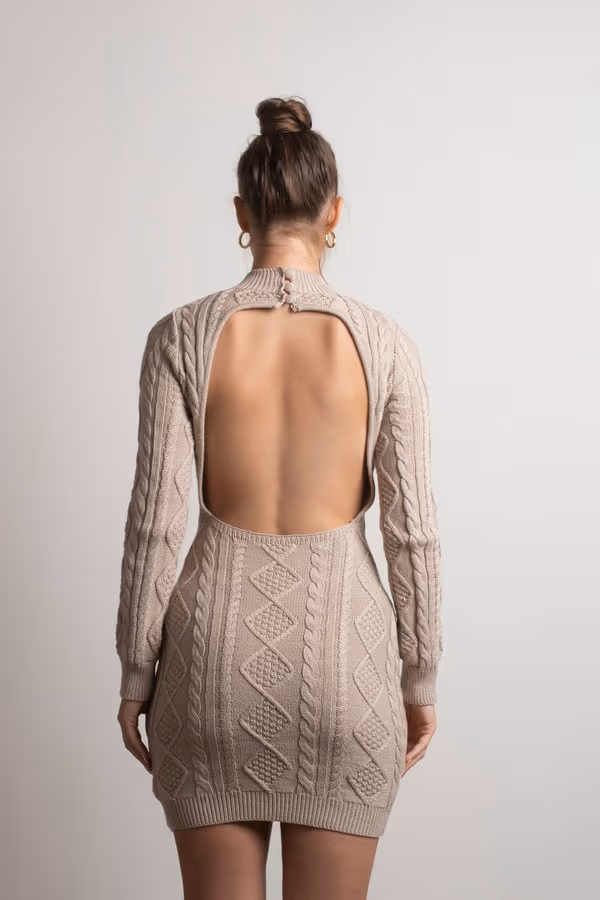 Look Back Backless Sweater Mini Dress - Stone