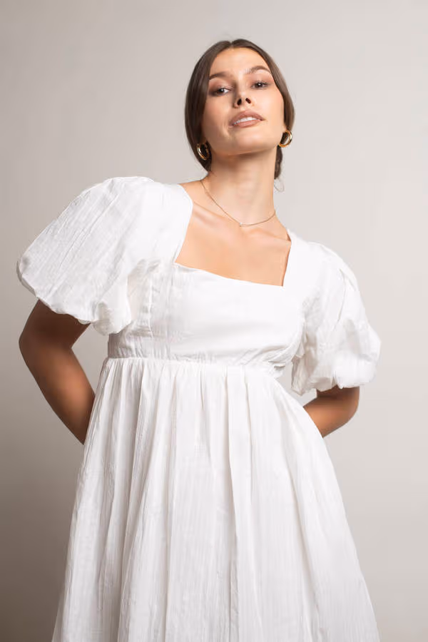 Takara White Puff Sleeve Babydoll Mini Dress
